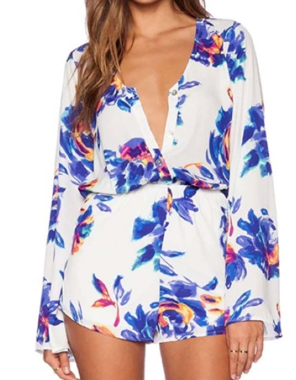 Show Me Your Mumu Floral Romper Boho Chic Bell Sleeve V Neck Size Medium